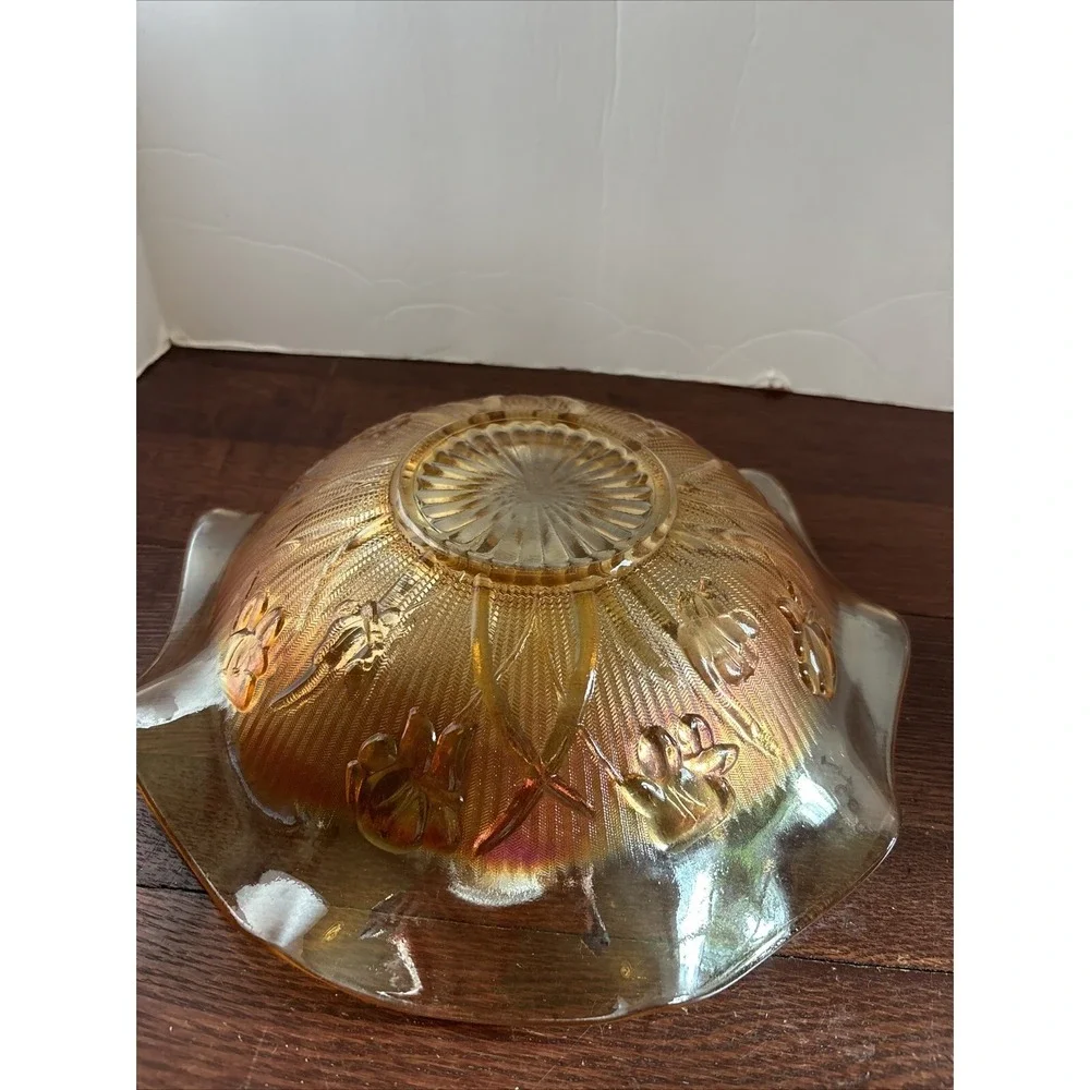 Vintage Jeanette Iris and  Herringbone Marigold Carnival Glass‎ Ruffled Bowl 11